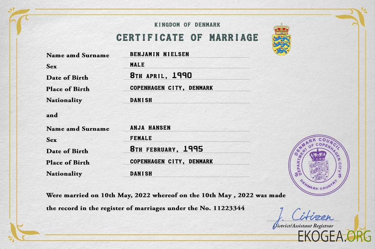 Modèle PSD de certificat de mariage au Danemark